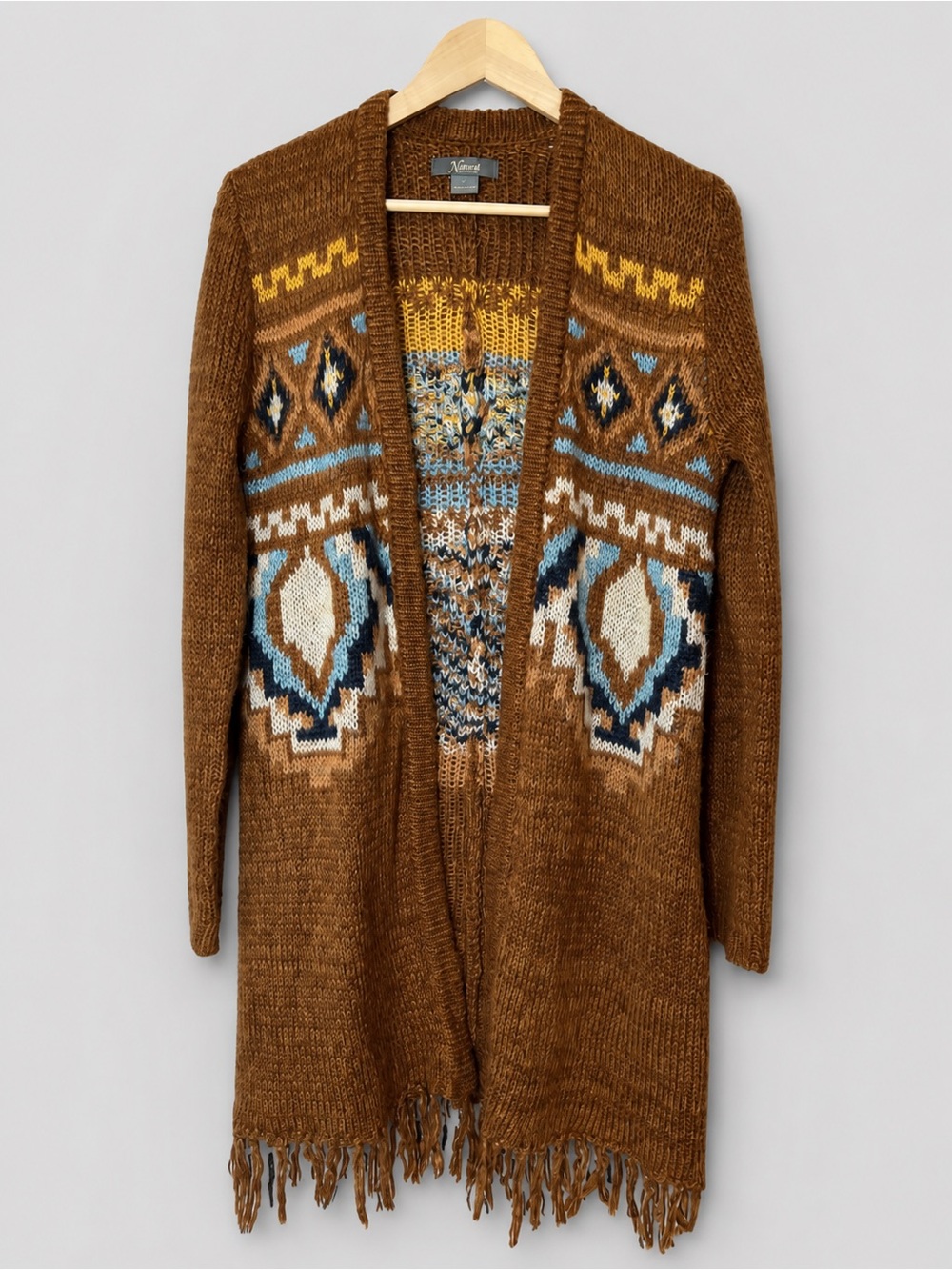 Natural Reflections Southwestern Aztec Fringe Long Cardigan Sweater Brown Boho